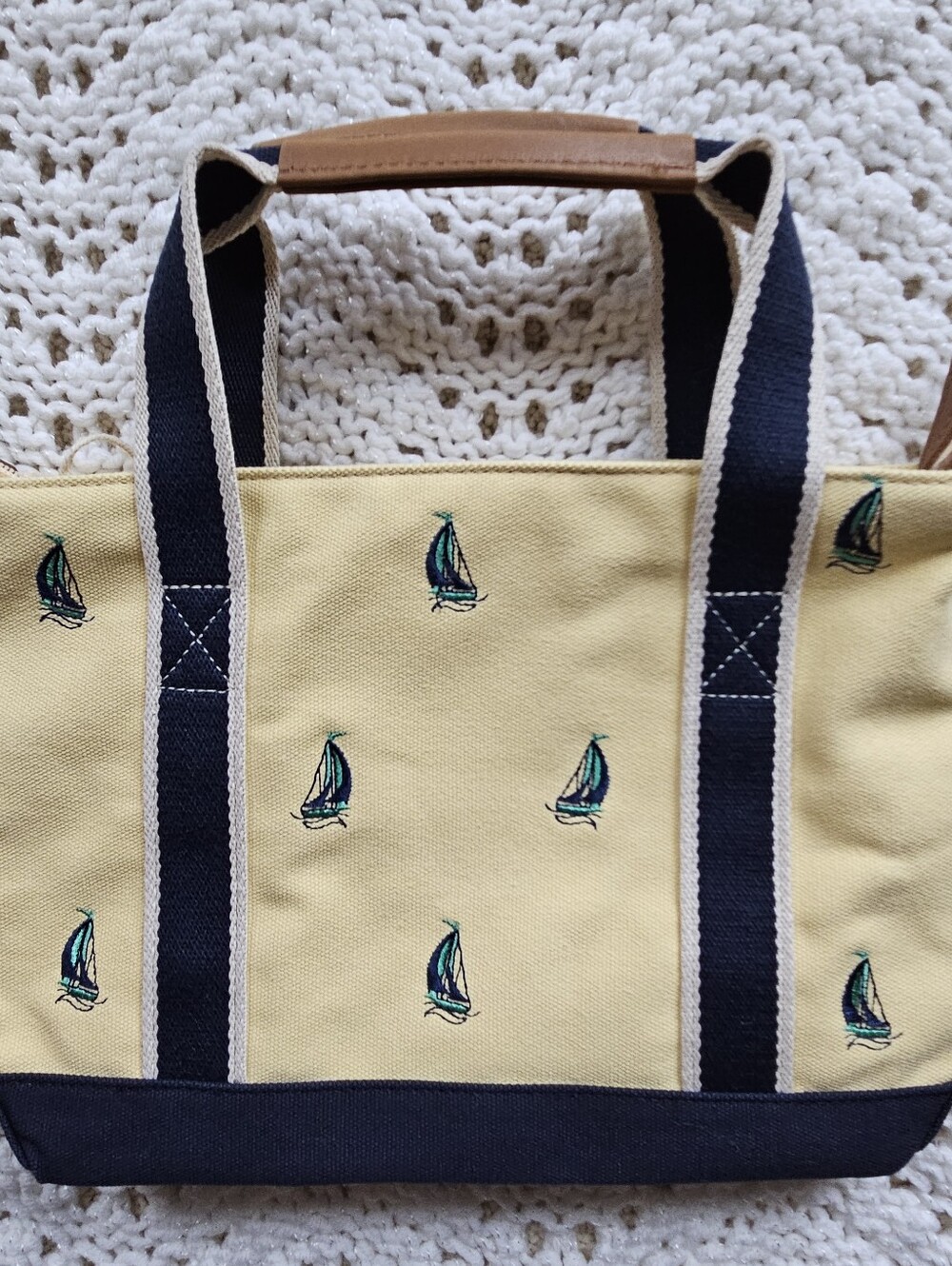 Vintage L.L. Bean Canvas Cotton Mini Tote Yellow With Embroidered Sailboats